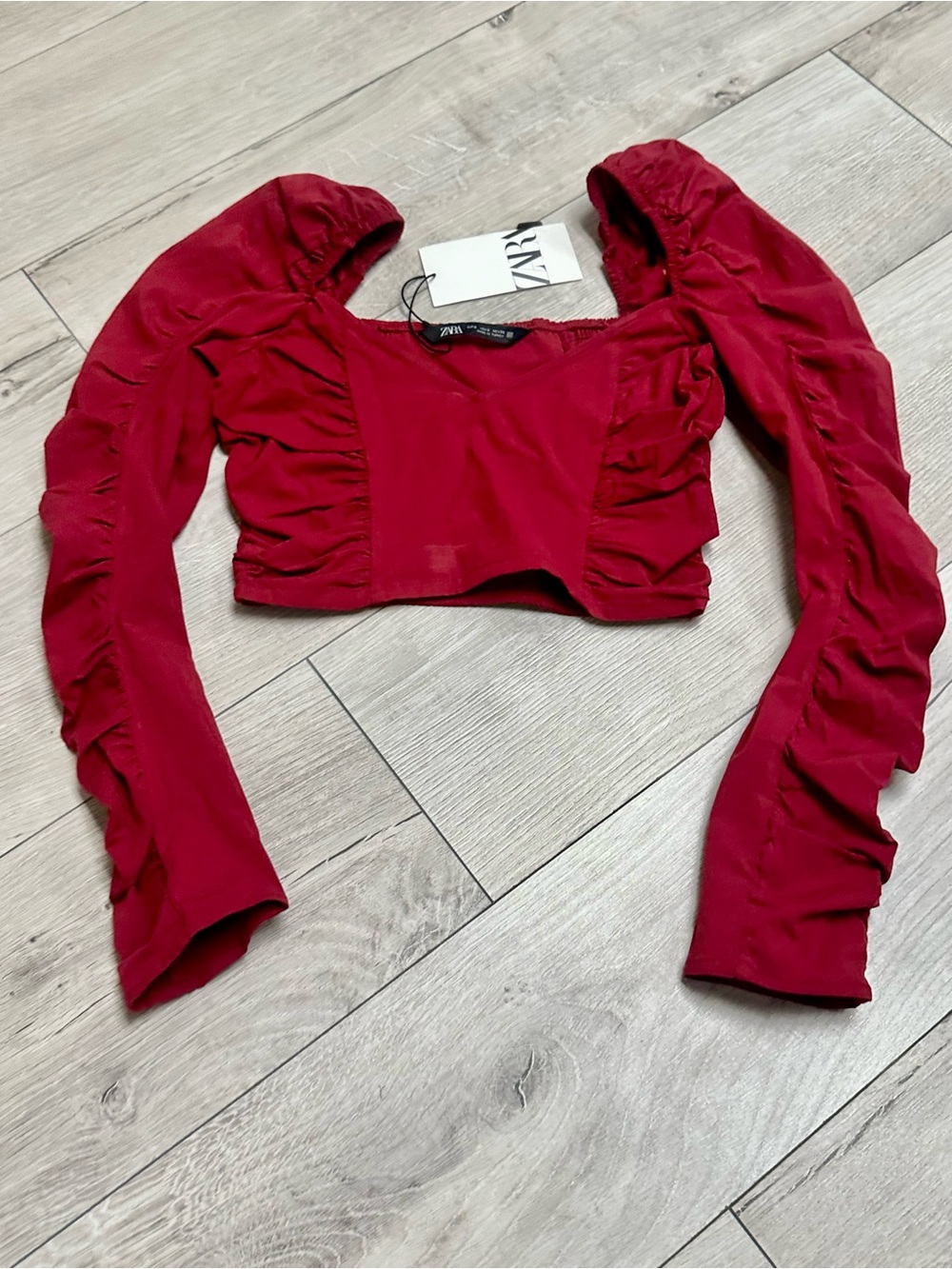 Zara Burgundy Ruched Long Sleeve Crop Top Size S NWT